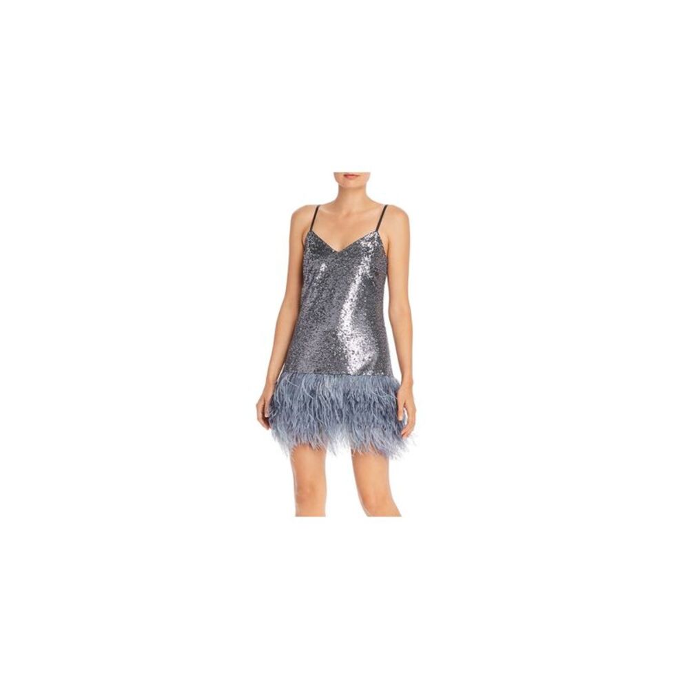 CINQ A SEPT Womens Gray Feather Spaghetti Strap V Neck Mini Party Shift Dress 0